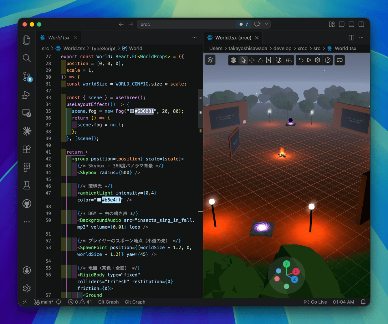 VSCodeとTriplexでワールドをコーディングしている様子