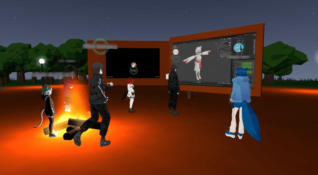 ワールド内でアバターが集まり交流している様子